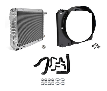 1986-1993 Mustang 5.0L 2-Row 24" Aluminum Radiator w/ Fan Shroud & Black Hoses