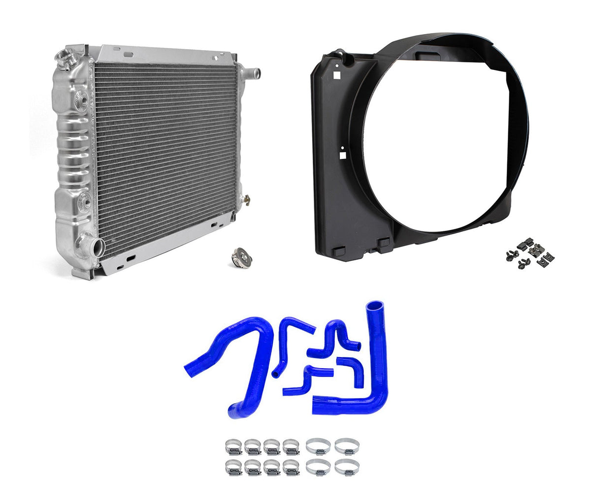 1986-1993 Mustang 5.0L 2-Row 24" Aluminum Radiator w/ Fan Shroud & Blue Hoses