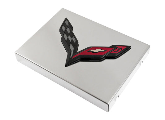 2014-2019 C7 Corvette Polished Stainless Fuse Box Cover - Black Flags Emblem