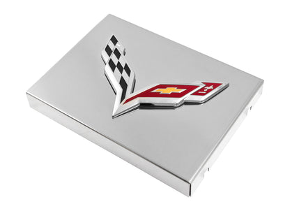 2014-2019 C7 Corvette Polished Stainless Fuse Box Cover - Chrome Flags Emblem