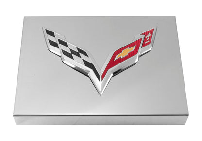 2014-2019 C7 Corvette Polished Stainless Fuse Box Cover - Chrome Flags Emblem