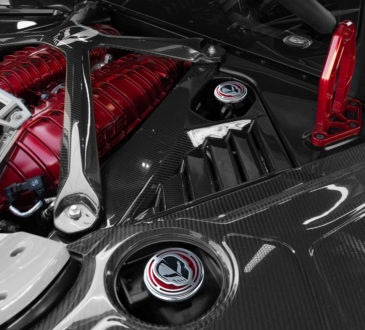 2020-2026 Corvette C8 4pc Stainless Engine Cap Cover Set w/ Red Carbon Fiber Style Inserts