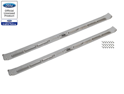1965-1966 Ford Mustang Coupe Bottom Door Sill Step Plates w/ Emblems & Screws Pair LH RH