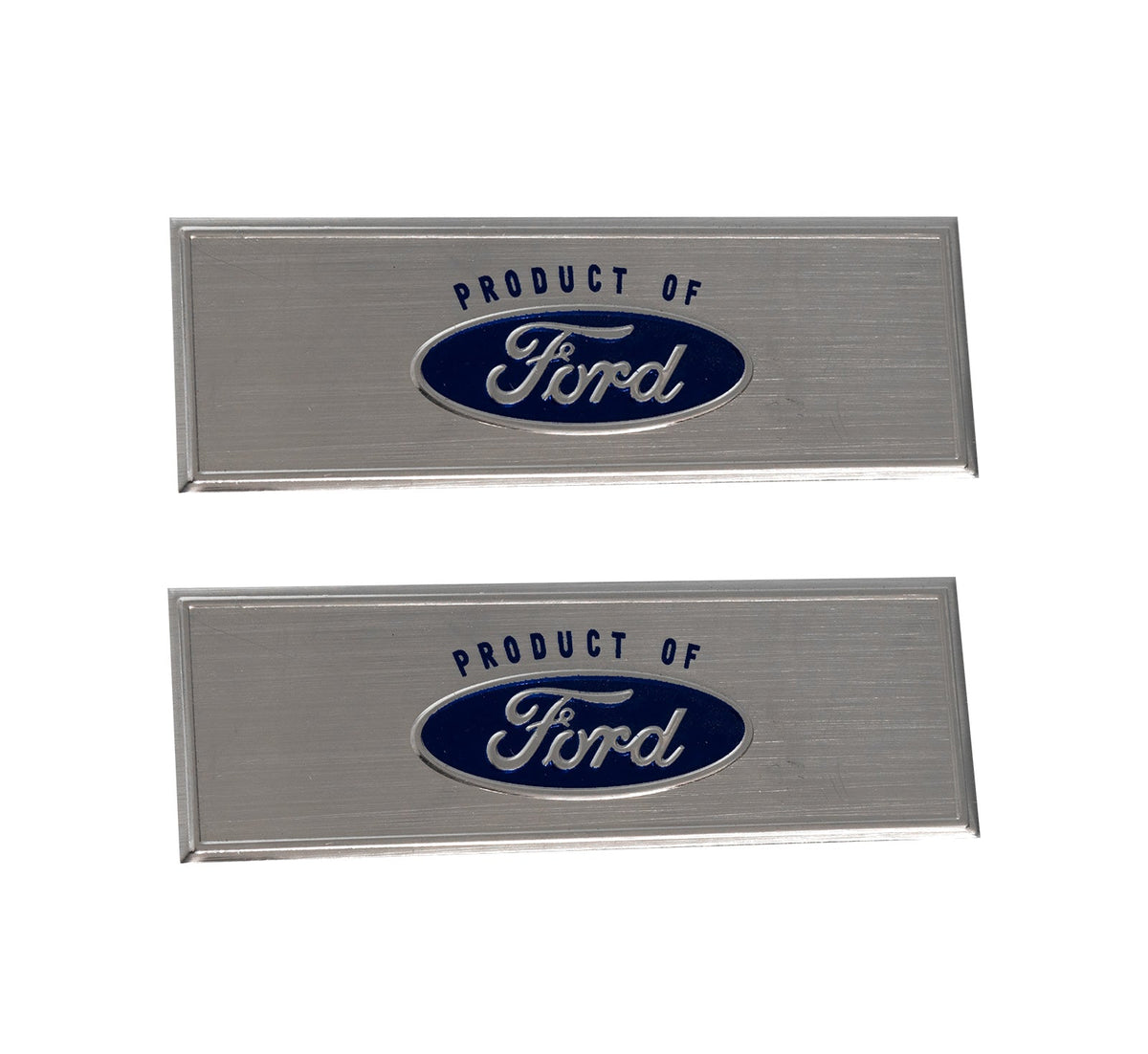 1967 Mustang "Product of Ford" Oval Logo Door Sill Scuff Plate Emblems Blue & Silver 3" x 1" Pair