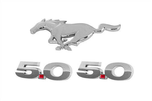 2010-2014 Ford Mustang GT Chrome Running Horse Front Grille & 5.0 Fender Emblems