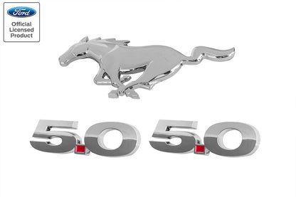 2010-2014 Ford Mustang GT Chrome Running Horse Front Grille & 5.0 Fender Emblems