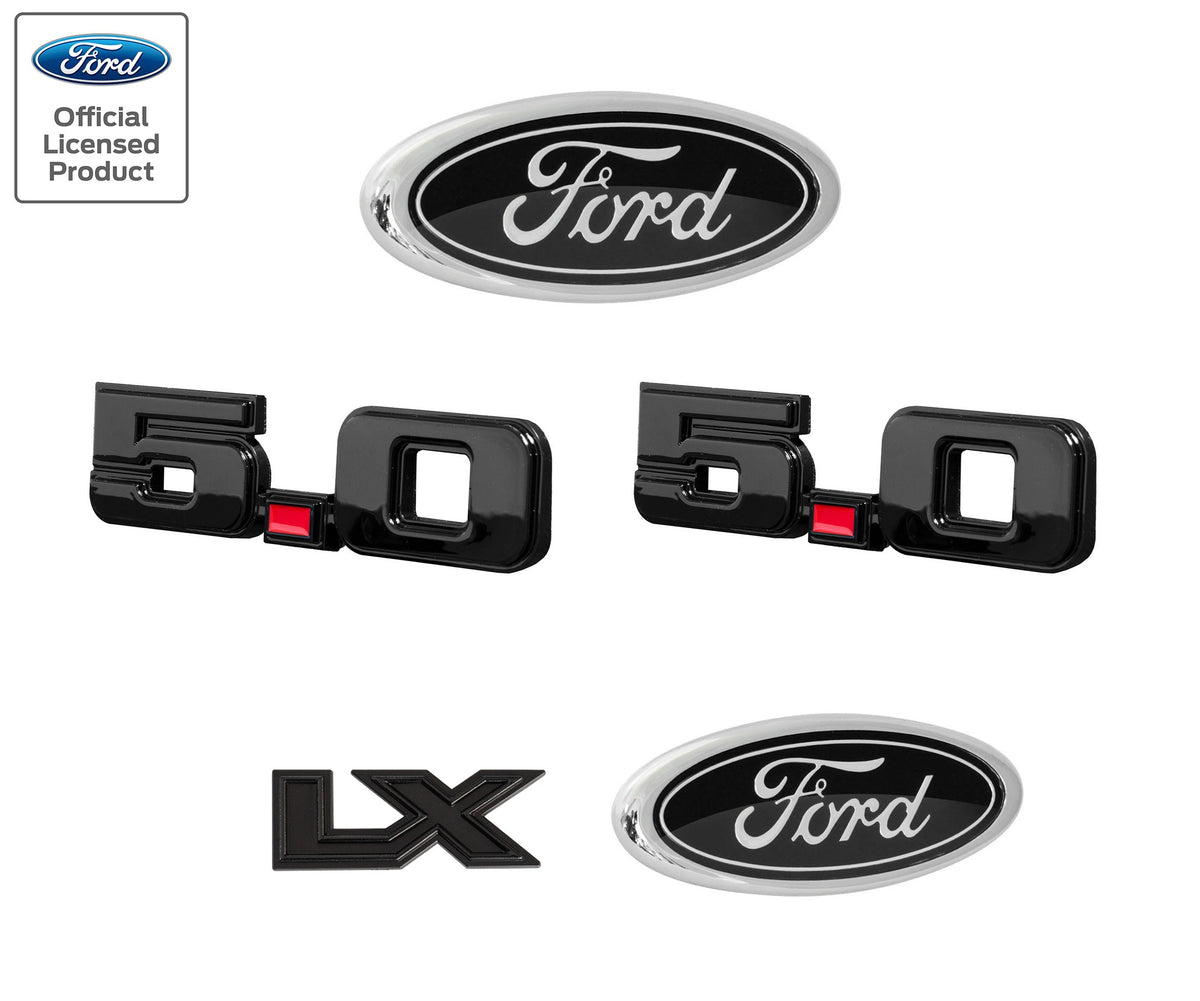 1987-1993 Ford Mustang LX 5pc Black Grille Fender Trunk Emblem Set