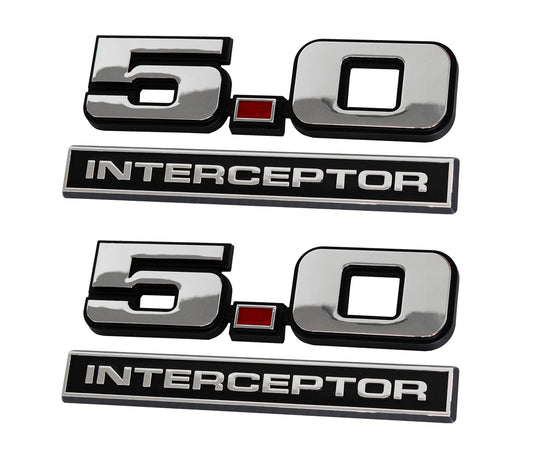 5.0 Mustang Police Interceptor Emblems in Chrome Black & Red - 5" Long Pair