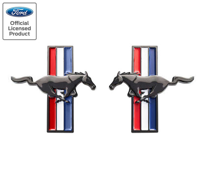 2005-2014 Ford Mustang LARGE Black Running Horse Tribar Fender Emblems Pair