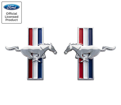 2005-2014 Ford Mustang LARGE Chrome Running Horse Tribar Fender Emblems Pair