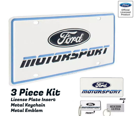 Ford Motorsport Late 1980s Style Logo Blue Metal License Plate Insert, Keychain, & Emblem