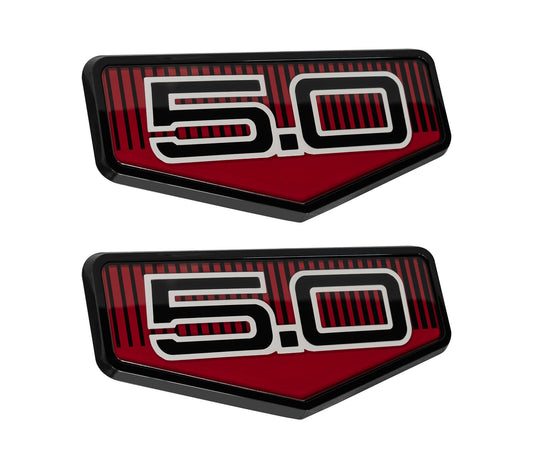 2025 Ford Mustang GT OEM SR3Z-16228-A 60th Anniversary 5.0 Fender Emblems Black & Red Pair