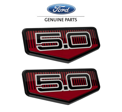 2025 Ford Mustang GT OEM SR3Z-16228-A 60th Anniversary 5.0 Fender Emblems Black & Red Pair