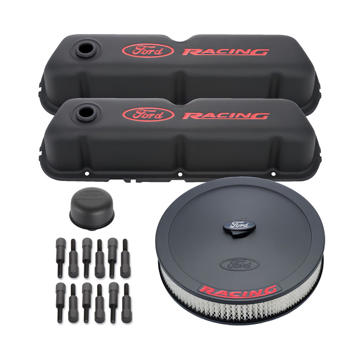 Mustang 289 302 351W Ford Racing 302-510 Black & Red Engine Valve Covers, Air Cleaner & Oil Cap