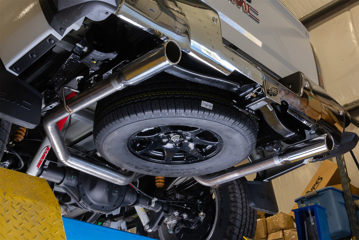 Violator Series Cat Back Exhaust System 10-22 GM 1500 53 Liter Split Rear Dual Exit 3 in Intermediate And 2.5 in Tail Pipe Violator Muffler/Hardware/3.5 in Polished Tips Incl Pypes Exhaust