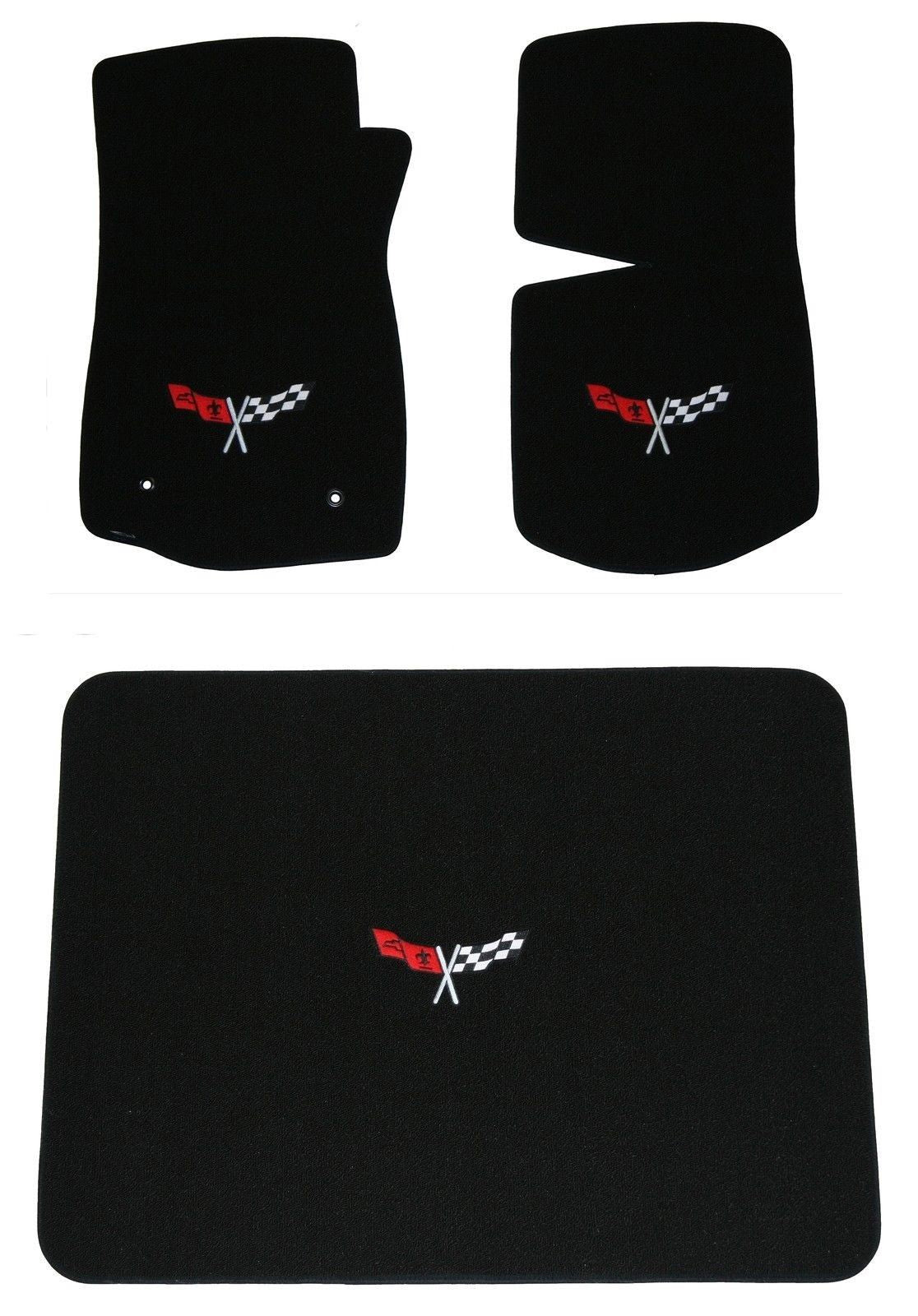 1968-82 C3 Corvette Classic Loop Black Floor & Trunk Deck Mat Set - Flags Logos