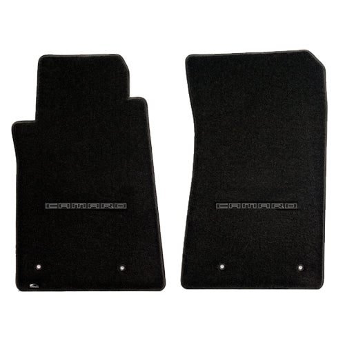 2010-2015 Chevy Camaro Ebony Black 2pc Front Floor Mats Set - Gray CAMARO Logo