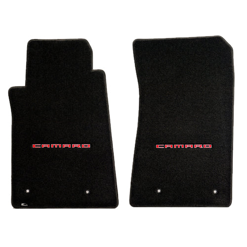 2010-2015 Chevy Camaro Ebony Black 2pc Front Floor Mats Set - Red CAMARO Logos