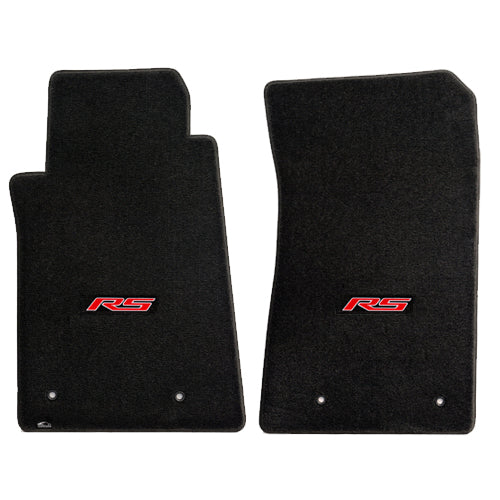 2010-2015 Chevy Camaro Ebony Black 2pc Front Floor Mats - Red RS Road Sport Logo