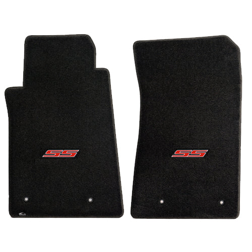 2010-2015 Camaro Ebony Black 2pc Front Floor Mats Set - Red SS Super Sport Logo