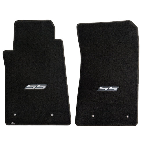 2010-2015 Chevy Camaro Ebony Black 2pc Floor Mats - Silver SS Super Sport Logos