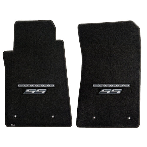 2010-2015 Camaro SS Super Sport Ebony Black Front Floor Mats Set - Silver Logos