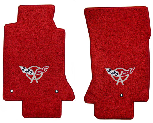 C5 Chevy Corvette Red 2pc Front Floor Mat Set - Silver Crossed Racing Flags Logo