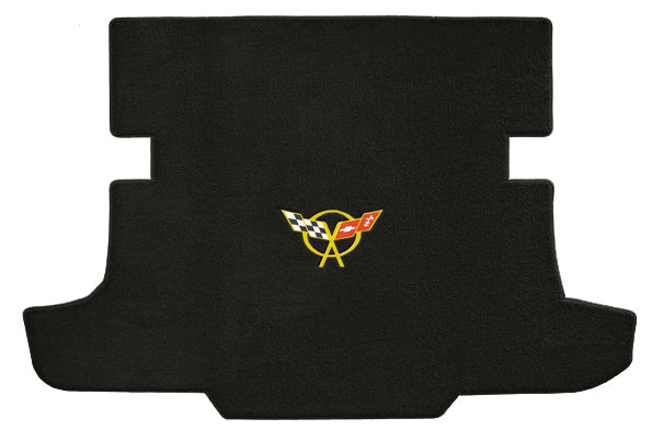 C5 Corvette Hardtop Black Cargo Trunk Mat - Yellow Crossed Flags Racing Logo