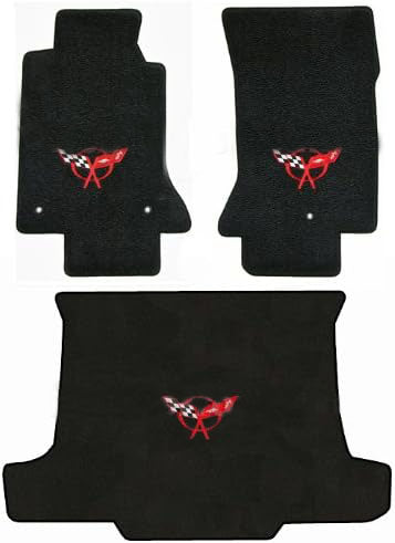 C5 Corvette Convertible Black Floor & Trunk Cargo Mats Set - Red Crossed Flags