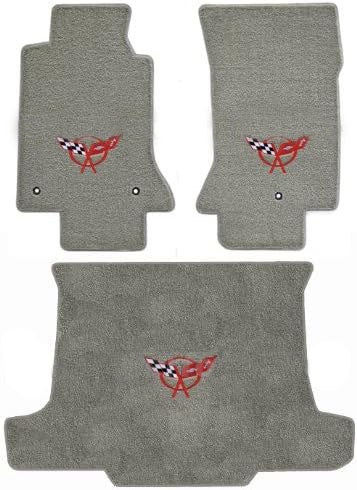 C5 Corvette Convertible Gray Grey 3pc Floor & Trunk Mat Set - Red Flags Logo