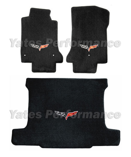 2005-2007.5 C6 Corvette Coupe Ebony Black Floor & Trunk Mats Set - Flags Logos