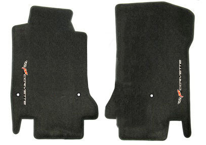 Late 2007 C6 Corvette Ebony Black Front Floor Mats Set - Flags Logos Face Doors