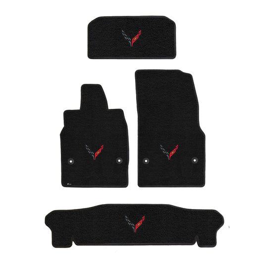 2020-2023 Corvette C8 4pc Front Rear Trunk & Floor Mats w/ Black Crossed Flags