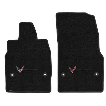 2020-2023 C8 Ultimat 2pc Black Front Floor Mats w/ Corvette Crossed Flags Logo