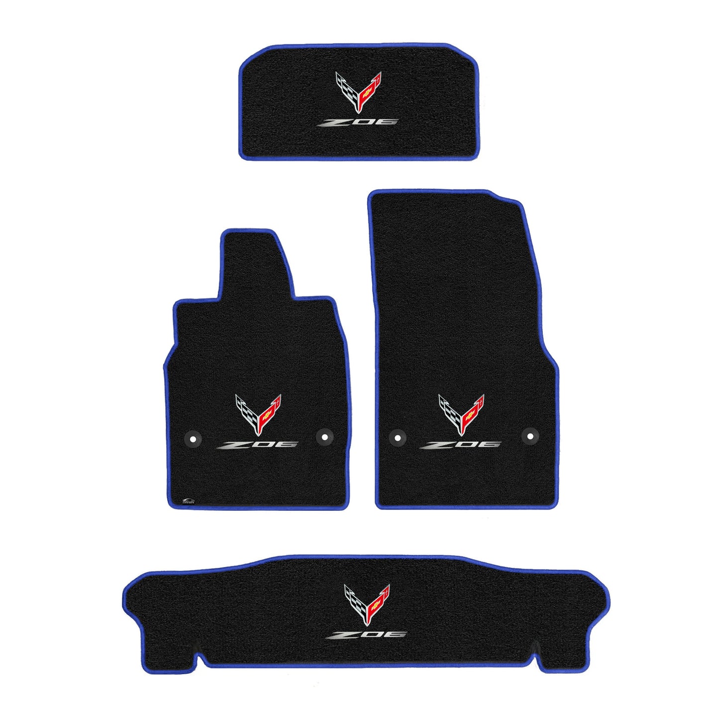 2020-2025 Corvette C8 Coupe 4pc Front Rear Trunk & Floor Mats Crossed Flags w/ Z06 Logo - Blue Binding