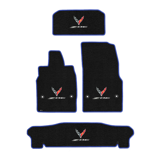 2020-2025 Corvette C8 HTC 4pc Front Rear Trunk & Floor Mats Crossed Flags w/ Z06 Logo - Blue Binding