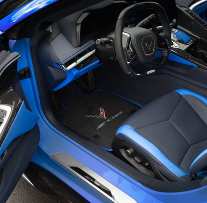 2020-2025 Corvette C8 Coupe 4pc Front Rear Trunk & Floor Mats Crossed Flags w/ Z06 Logo - Blue Binding