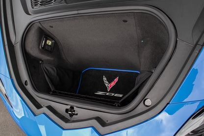 2020-2025 Corvette C8 Coupe 4pc Front Rear Trunk & Floor Mats Crossed Flags w/ Z06 Logo - Blue Binding