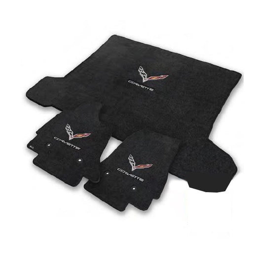 2014-2019 C7 Stingray Coupe Jet Black Floor Trunk Mats - Flags & CORVETTE Logos