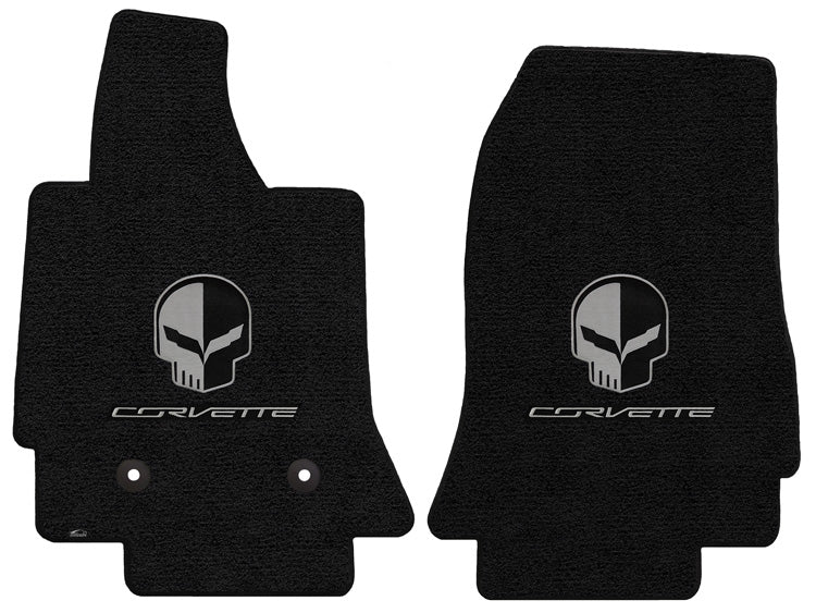 2014-2019 C7 Jet Black 2pc Front Floor Mats Set - Jake Skull & CORVETTE Logos