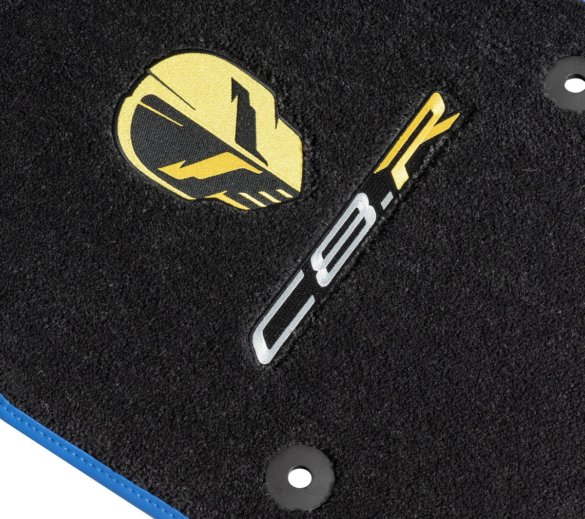2020-2026 Chevrolet Corvette C8.R Front Floor Mats w/ Yellow Jake Skull & Blue Binding