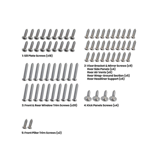 1964 1/2-1966 Ford Mustang 2+2 Fastback Interior Hardware Screw Kit 73 Piece Set