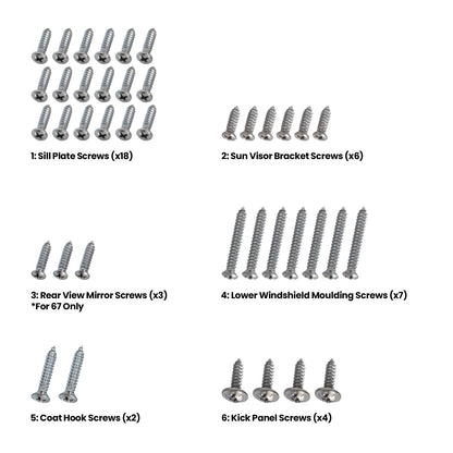 1967-1968 Ford Mustang Coupe Interior Hardware Screw Kit 40 Piece Set