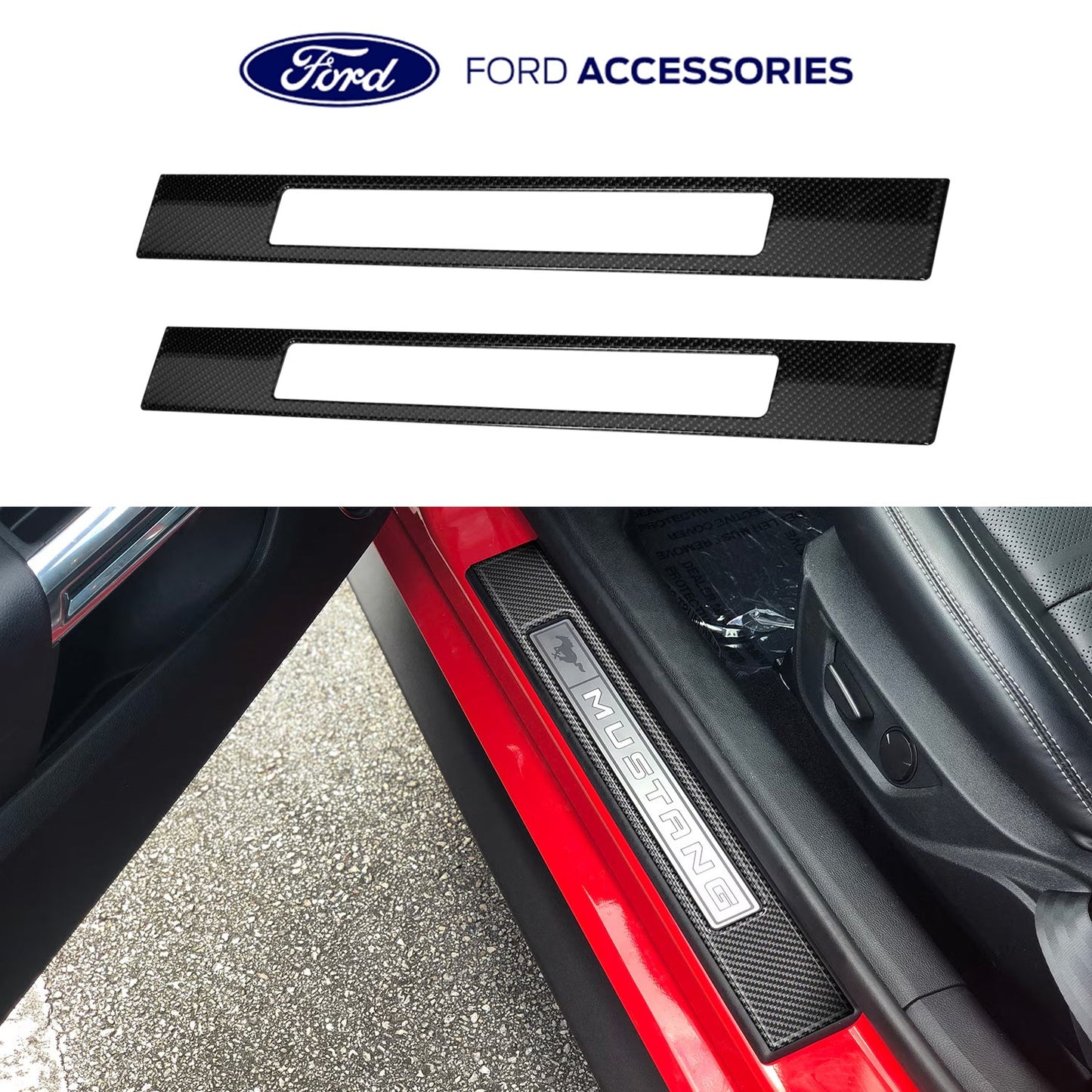 2015-2024 Mustang Genuine Ford OEM VPR3Z-99132A08-A Carbon Fiber Door Sill Plate Accents Pair