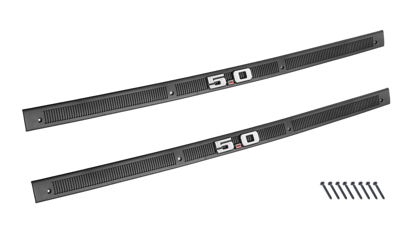 1979-1993 Mustang Bottom Door Sill Step Plates Black w/ 5.0 Emblem & Hardware Pair LH RH