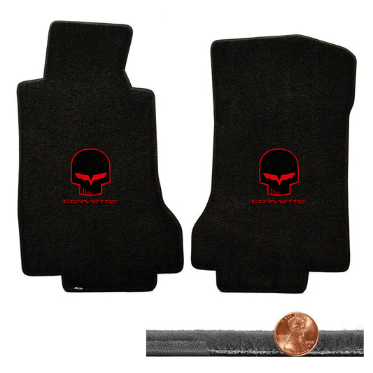 2005 2006 C6 Ebony Black Velourtex Floor Mats - Red Jake Skull & CORVETTE Logos