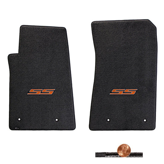 2010-2015 Chevy Camaro Ebony 2pc Classic Loop Front Floor Mats - Orange SS Logo