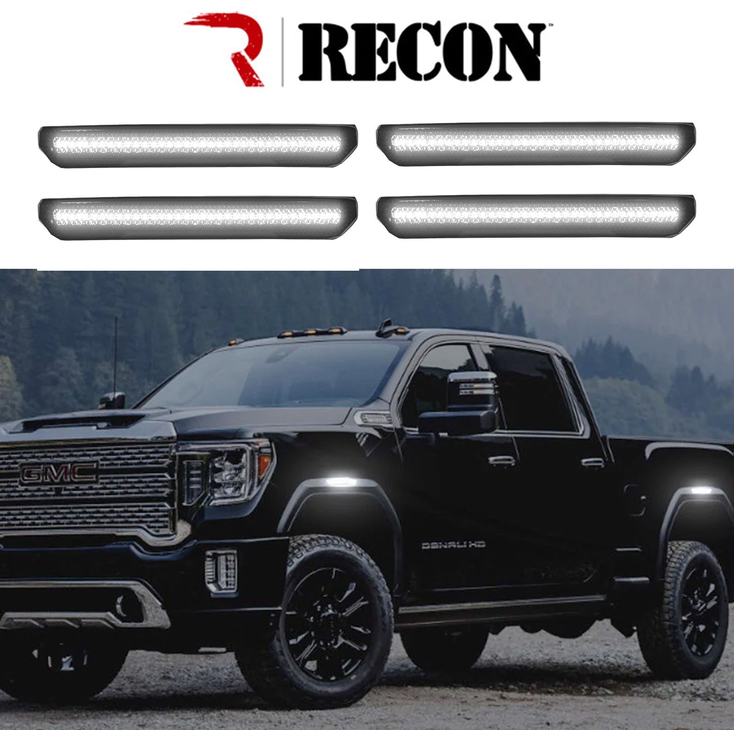 2020-2024 GMC Sierra RECON 4pc Smoked Light Up Fender Lenses w/ White LED