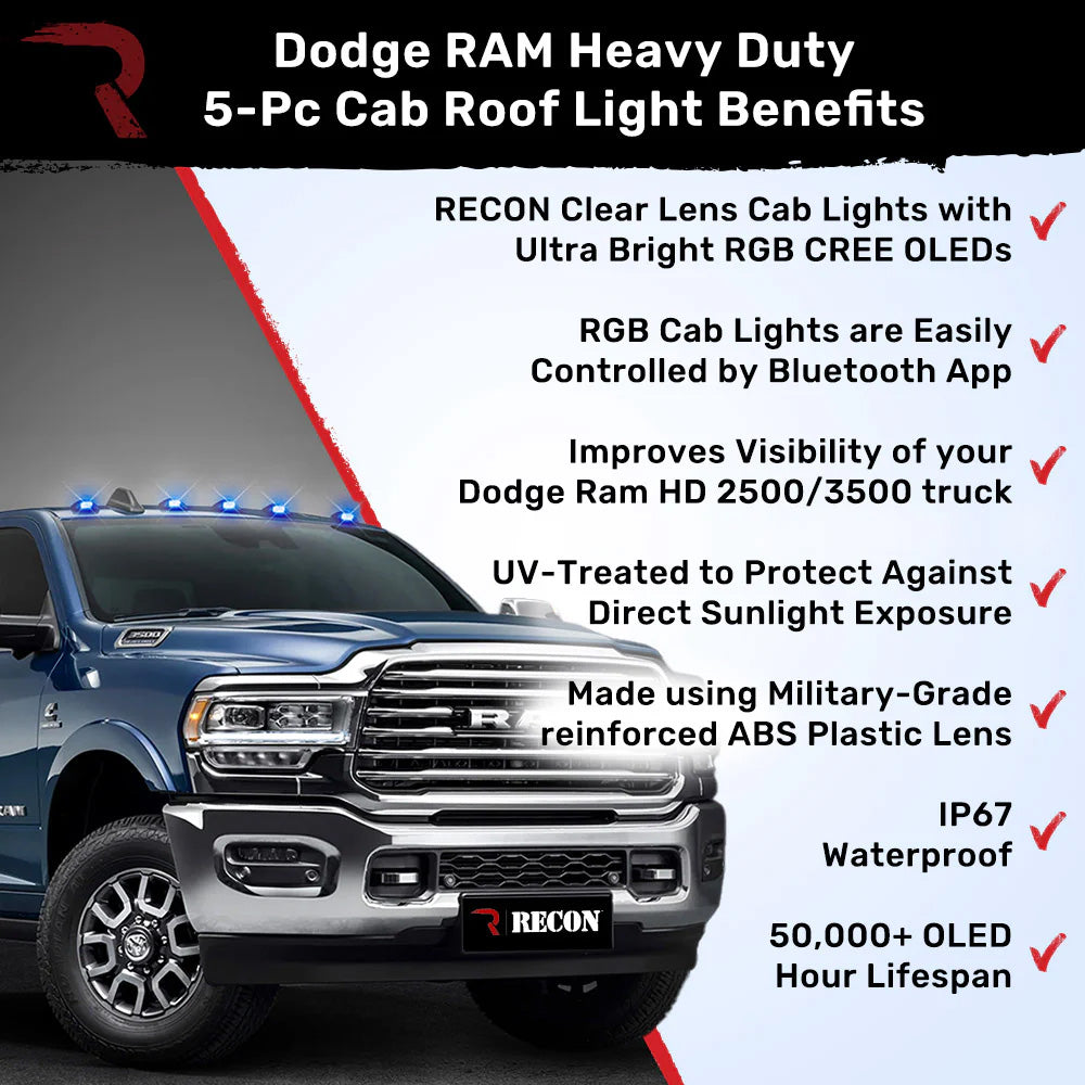 2003-2018 Dodge RAM 2500 3500 5pc RGB LED Cab Roof Lights w/ Clear Lenses