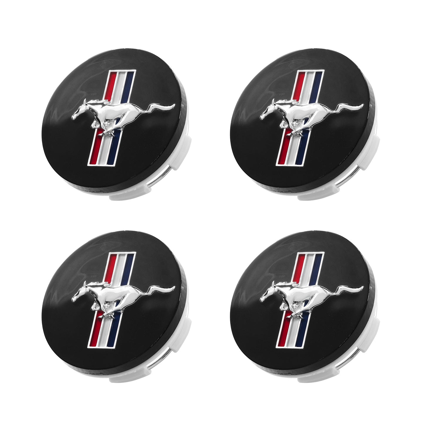 1994-2004 Ford Mustang 2.5" Tribar Running Horse Wheel Center Caps Black Set of 4